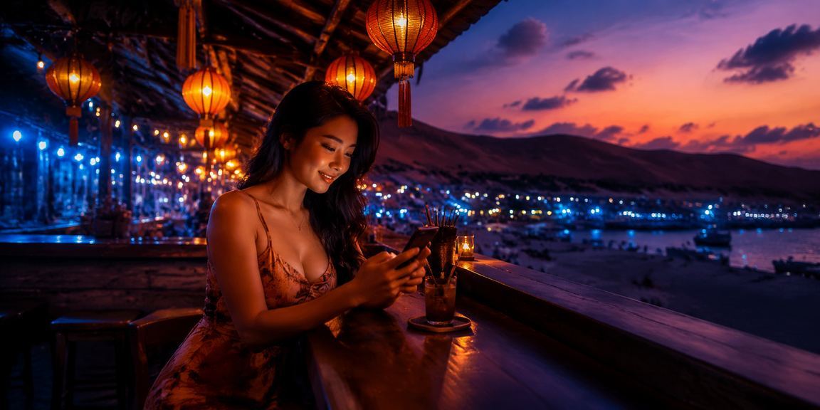 Người dùng tại bãi biển Mũi Né theo dõi kết quả xổ số buổi chiều trên điện thoại