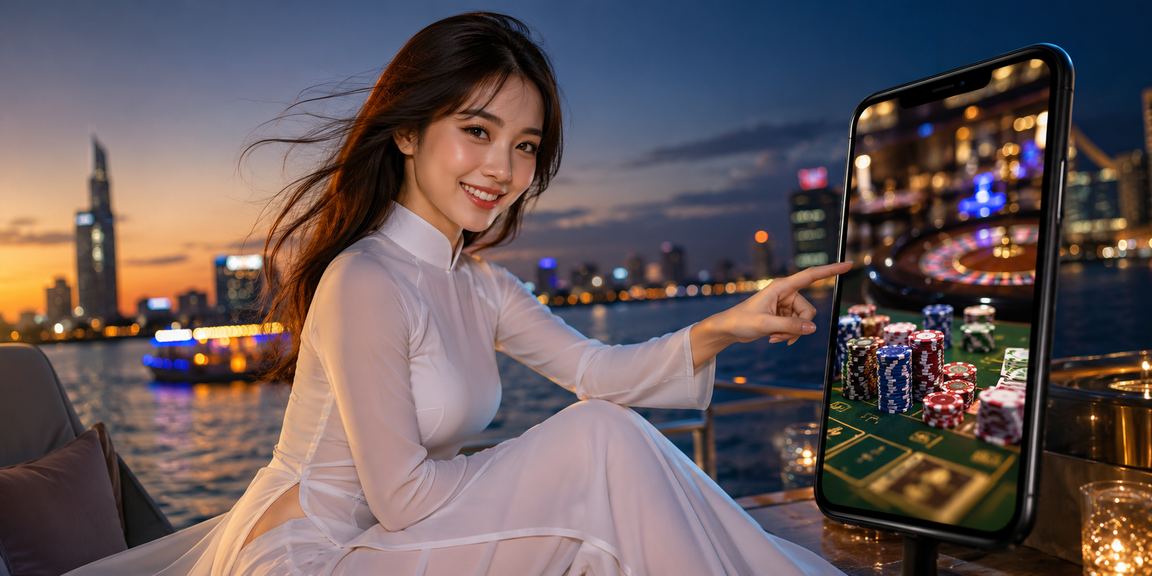 Người dùng Sài Gòn trải nghiệm casino trực tuyến trên điện thoại với trang phục áo dài truyền thống